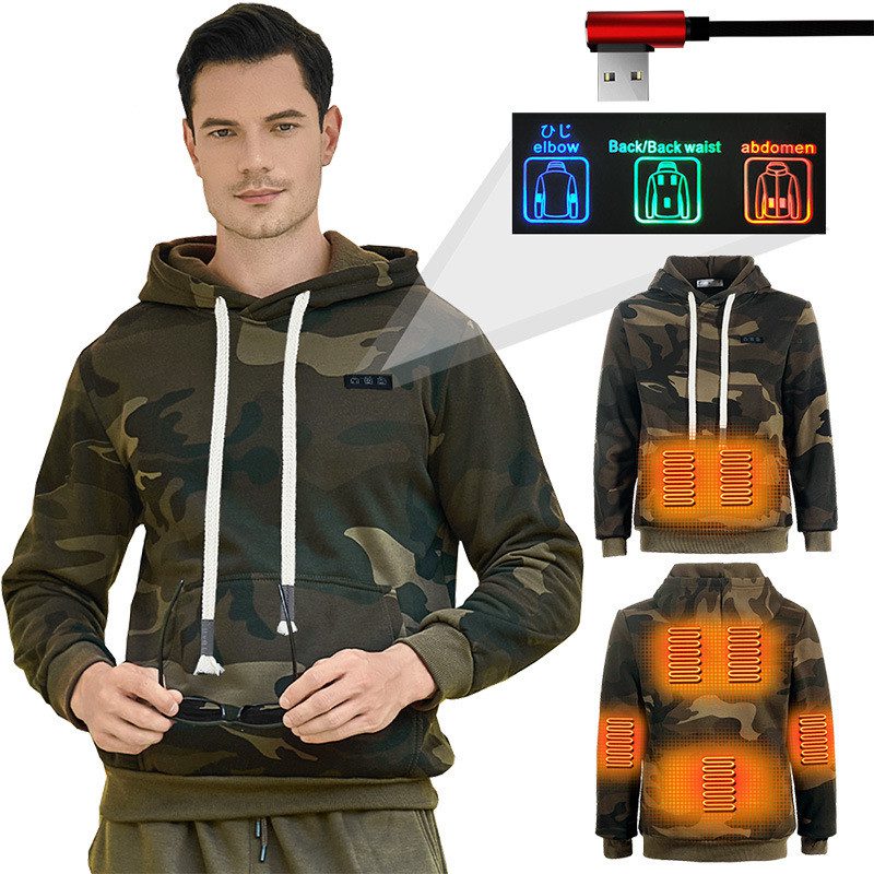 HS07C Smart Heated Sweatshirt 7 Heating Areas Quick Heating USB Rechargeable Camouflage Hooded Pullover Fashion Oversize Jacket for Winter Outdoors Keep Warm