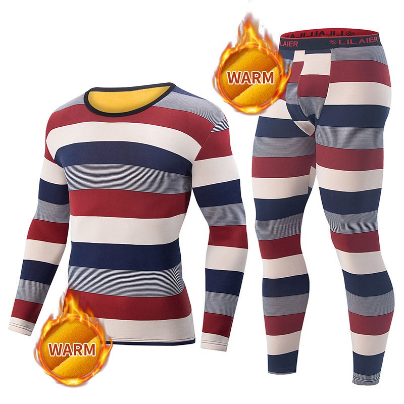 2 Pcs Men’s Striped Thermal Underwear, Compression Thermal Base Layer Set, Comfy Moisture Wicking & Breathable Basic Long Sleeve & Leggings Casual Men Warm Underwear Set, Long Johns Set, Men’s Thermal Clothing