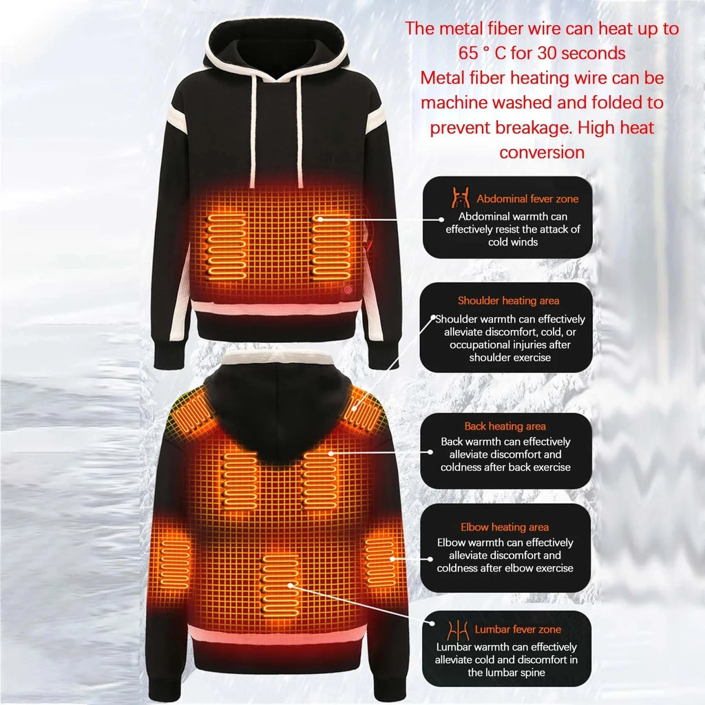 HS-09 Smart Heated Sweatshirt 9 Heating Areas Quick Heating USB Rechargeable Windproof Washable Safety Fashion Oversize Hoodie Jacket for Winter Outdoors Keep Warm