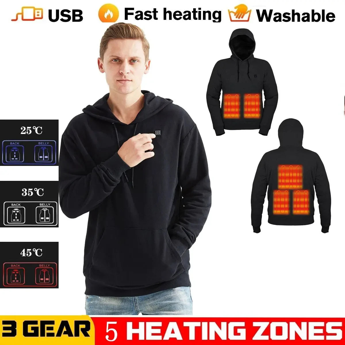 HS05B Smart Heated Sweatshirt 5 Heating Areas Quick Heating USB Rechargeable Washable Safety Fashion Oversize Jacket for Winter Outdoors Keep Warm