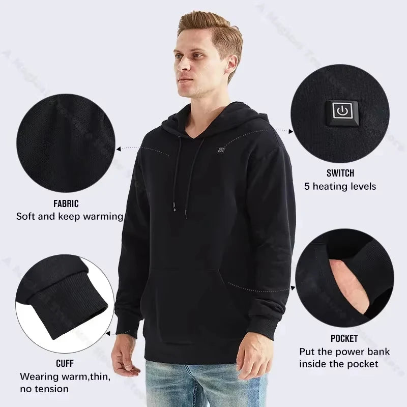 HS05B Smart Heated Sweatshirt 5 Heating Areas Quick Heating USB Rechargeable Washable Safety Fashion Oversize Jacket for Winter Outdoors Keep Warm