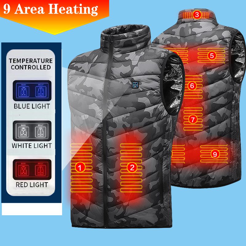 HV-09C Heated Vest 9 Heating Areas Camouflage Oversized Men Winter Vest Self Heating Vest Usb Electric Thermal Vest Jacket Outdoor Vest