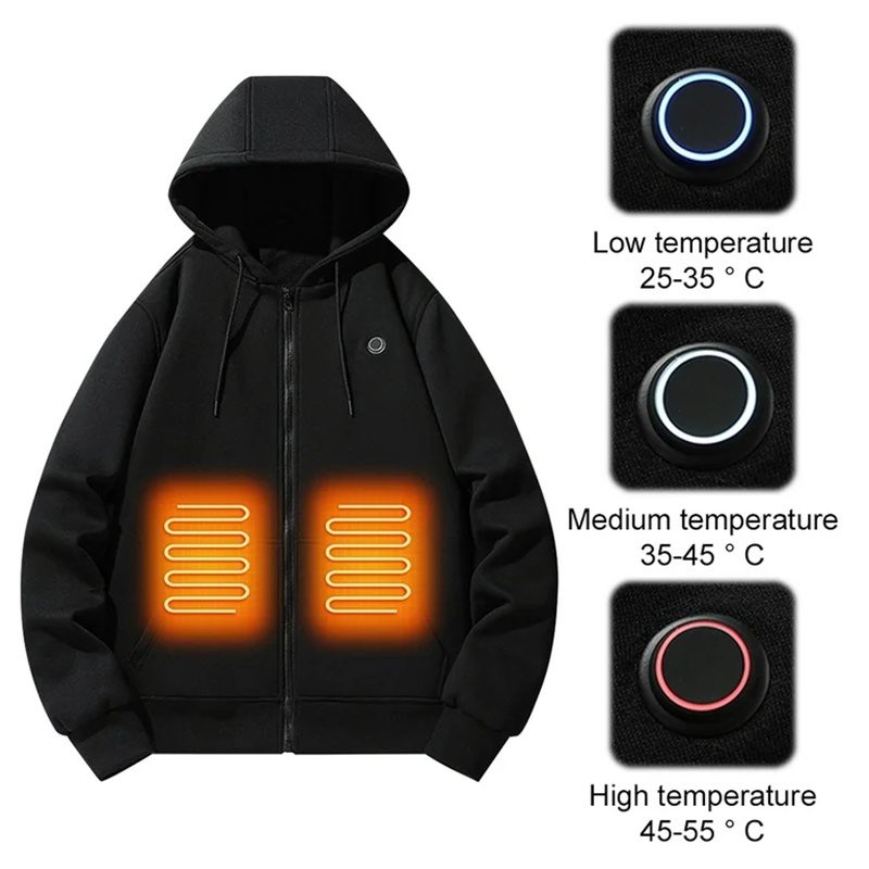 HZ05 Smart Heated Zipper Hoodies Sweatshirt 5 Heating Areas Quick Heating USB Rechargeable Washable Safety Fashion Oversize Jacket for Winter Outdoors Keep Warm
