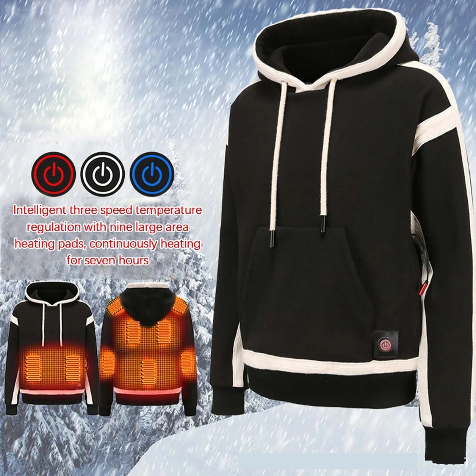 HS-09 Smart Heated Sweatshirt 9 Heating Areas Quick Heating USB Rechargeable Windproof Washable Safety Fashion Oversize Hoodie Jacket for Winter Outdoors Keep Warm
