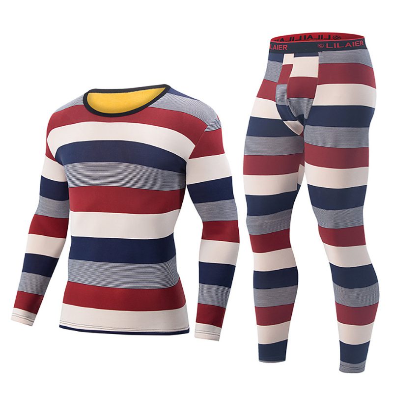 2 Pcs Men’s Striped Thermal Underwear, Compression Thermal Base Layer Set, Comfy Moisture Wicking & Breathable Basic Long Sleeve & Leggings Casual Men Warm Underwear Set, Long Johns Set, Men’s Thermal Clothing